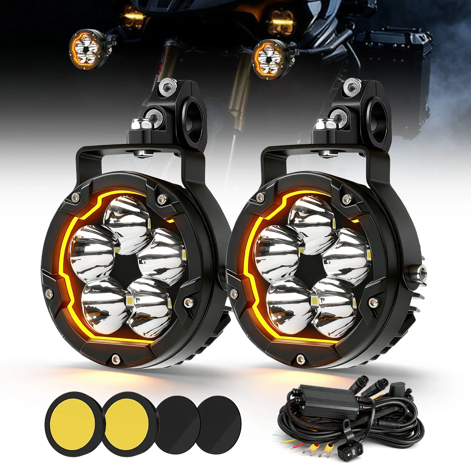 HAOLIDE 4 Inch Round LED Motorcycle Spot Light Amber Daytime Running Light IP68 Driving Lamp With Wiring 12V 24V off-road use