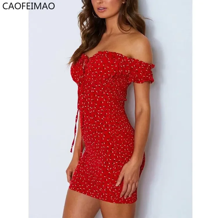 2025 verão feminino floral envoltório vestido fora do ombro amarrar frente plissado mini vestido senhora do escritório slash neck impresso lápis vestido