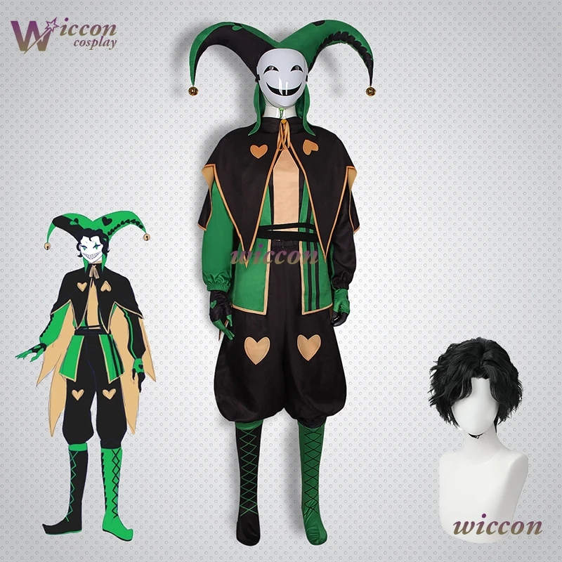 

2025 Halloween Horror Mens Roleplay Clothing Game Freak Circus Harle Q Cosplay Green Clown Outfit Costume Game Clothes Mask Hat