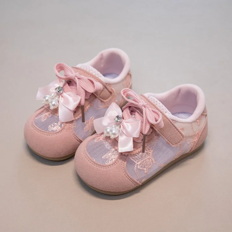 Korean Style Princess Sport Shoes For Girls 2026 Trend Fashion Pearl Bow Kid's Sneakers Anti-slippery Breathable Girl's Sneaker