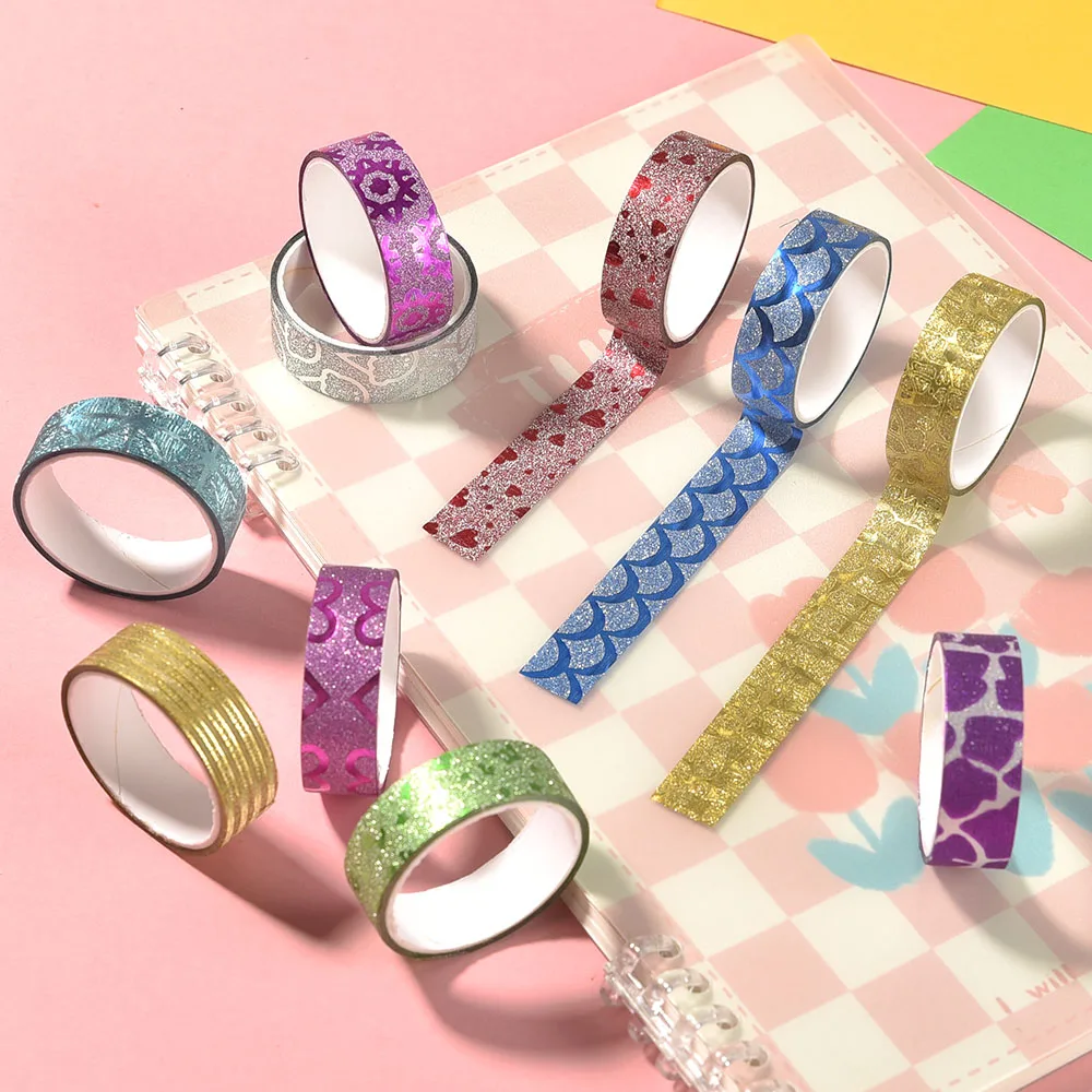 10 rotoli di adesivi glitterati a colori casuali Nastri adesivi di carta Etichetta decorativa fai da te Adesivi artigianali per l'imballaggio regalo della scuola dell'ufficio