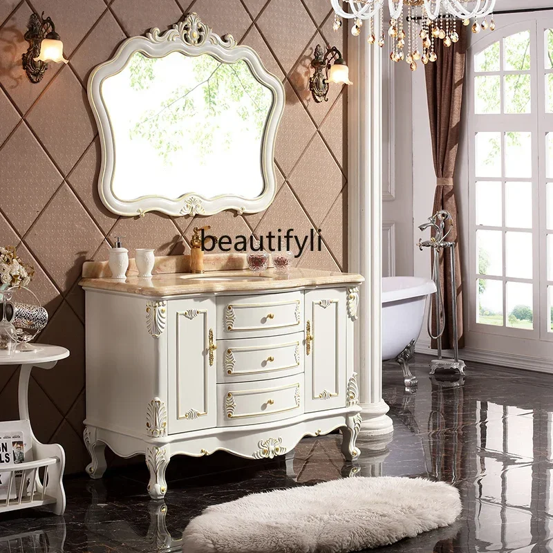 

Antique and old European solid wood bathroom cabinet Oak combination washbasin cabinet