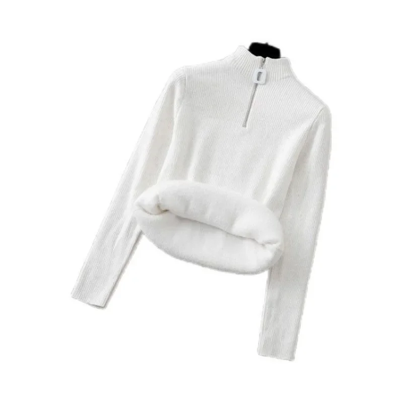 レディース一体型ベルベット冬用暖かいジッパー付きニットベースシャツ厚手ハーフハイカラーフリース裏地付きニットセーター