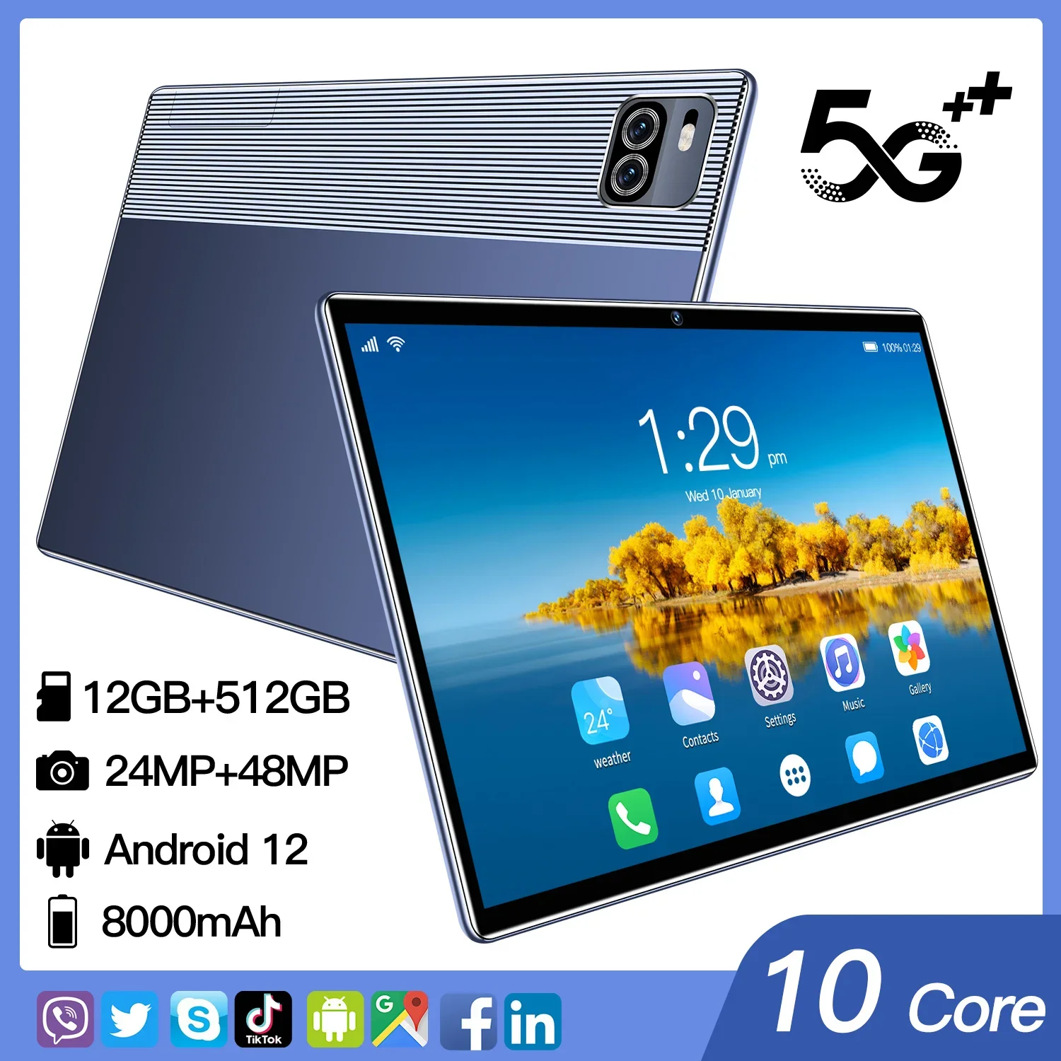 PAD5-Tablette PC de 2023 Pouces Android 12, 12 Go, 10.1 Go, Octa Core, Google Play, WPS, 5G, WIFI, Bluetooth, Offre Spéciale, 512