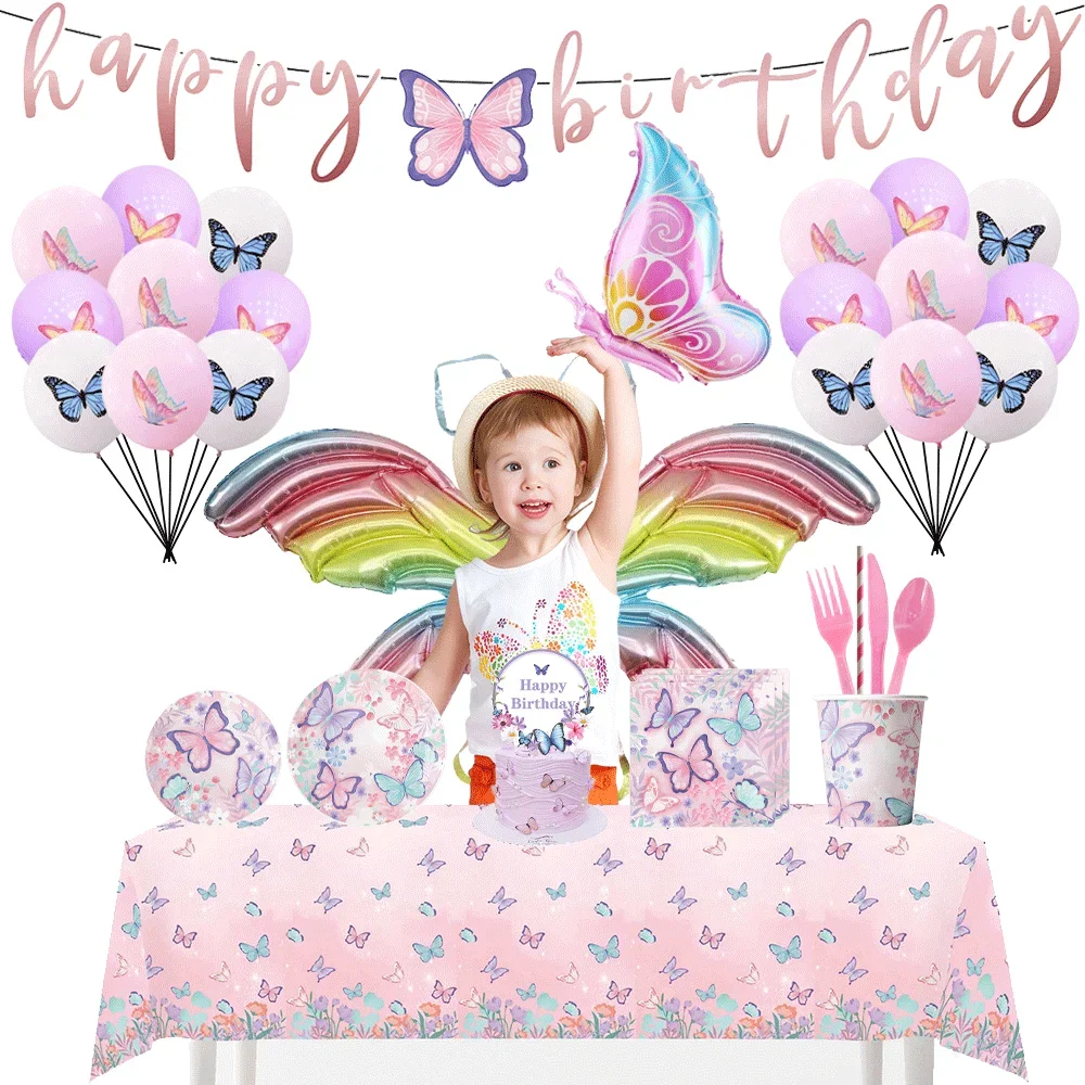 

Butterfly Themed Disposable Tableware Tablecloth Napkin Banner Butterfly Foil Helium Balloon Kids Gift Birthday Party Decoration