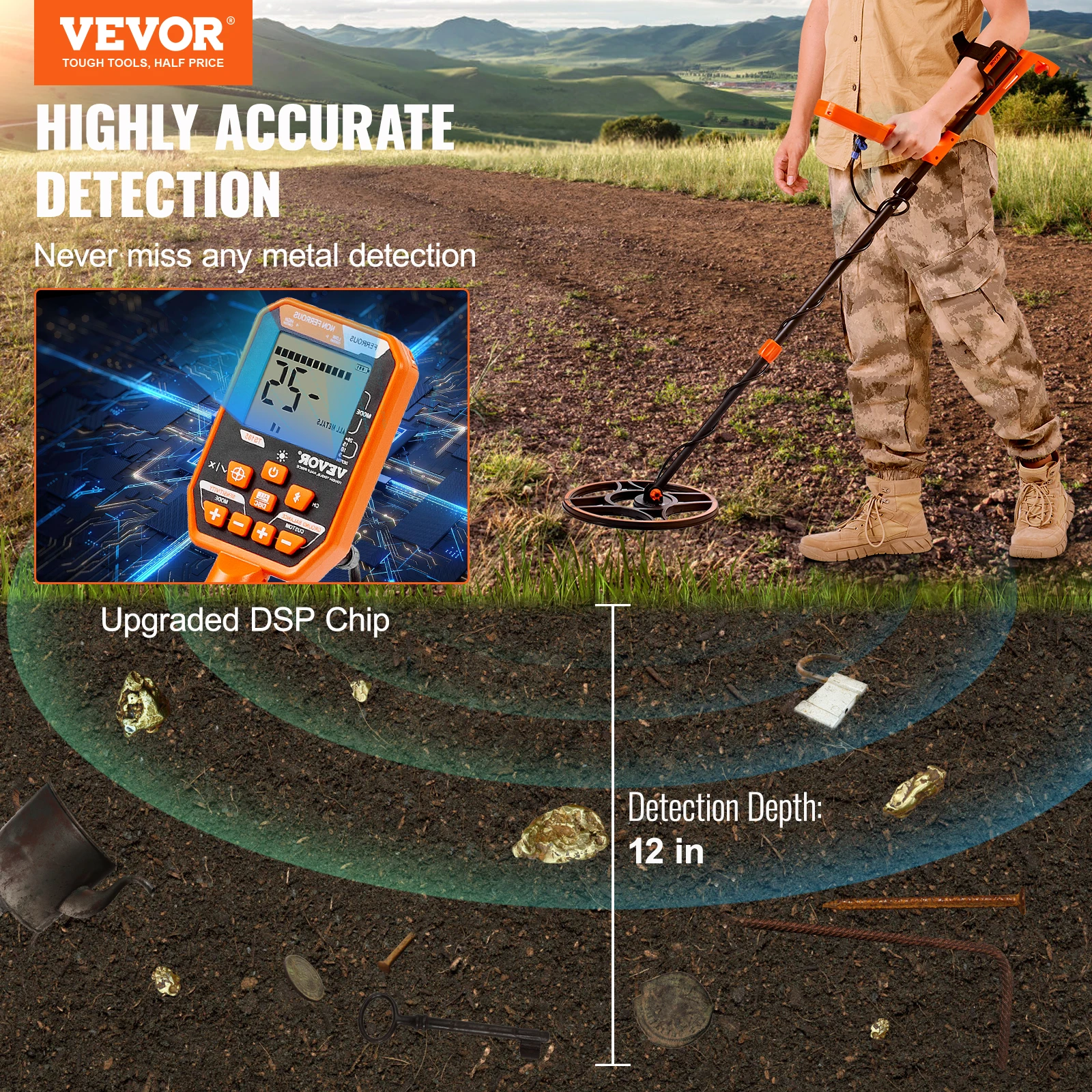 VEVOR Waterproof Metal Detector, 12" Coil, Rechargeable Gold Detector, 39-50 in Adjustable w/ LCD 7 Modes Advanced DSP Chip 