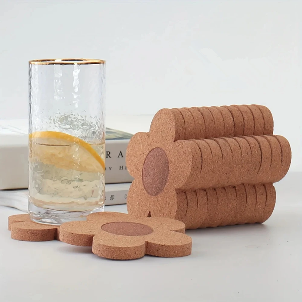 

100pcs Flower Shaped Cork Coasters Thermal Insulation And Anti Slip Washable Tableware Mats Suitable For Campsite Kitchens