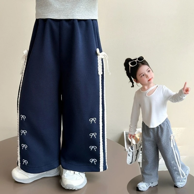 

Spring Autumn Girls' Straight Leg Pants New Stylish Korean Baby Lace Bowknot Loose Casual Sweatpants Children's Clothing