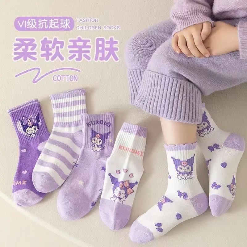 5Pcs Kids Socks Sanrio Kids Socks Hellokitty Cinnamoroll Melody Kuromi Anime Sock Spring Autumn Winter Soft Breathable Girl Gift