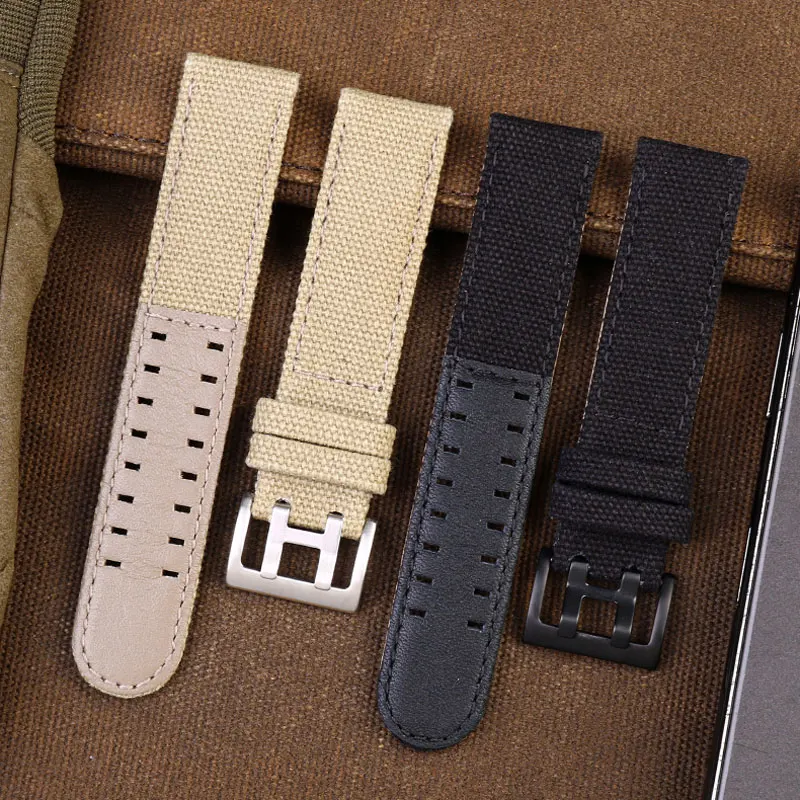 Canvas watchband for Hamilton khaki /aviation/ field outdoor sports nylon+cowhide strap 20mm 22mm black/khaki/brown