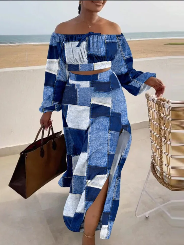 

Off Shoulder Blouse Long Skirt Outfits Women Sexy Slim Party Skirt Two Piece Set Print Skirt Matching Conjunto Dos Piezas Mujer
