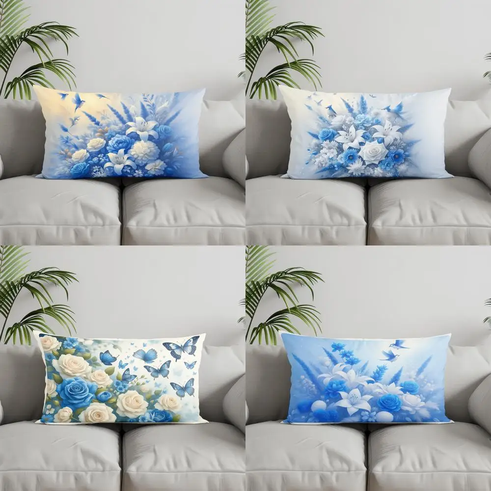 

Домашний декор, синий цветочный чехол с птицами, подходит для дивана, спальни, автомобиля, наволочка, прямоугольная подушка для спины