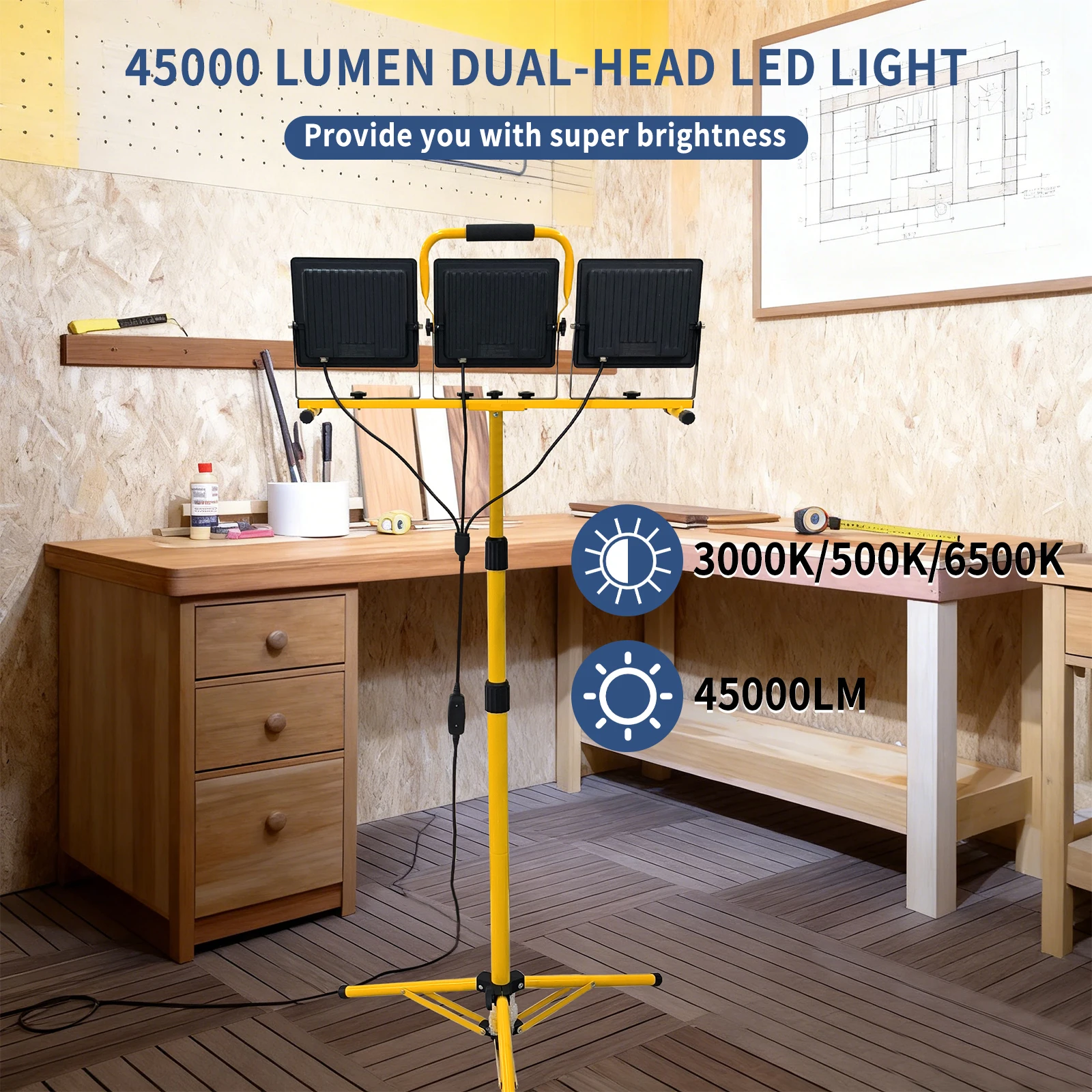 LED Work Lights with Stand - 3 Head Portable Work Light on Stand - IP66 Waterproof Tripod Worklights for Outdoor Indoor Job Site