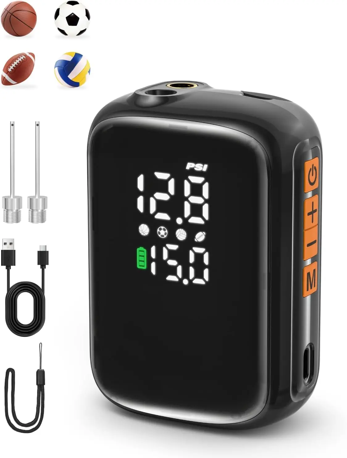 

Pumteck Portable Ball Pump with 2 Needles, Electric Ball Pump with Pressure Gauge and Digital LCD Display, 15Psi Fast Inflation Air Inflator for Basketball Soccer Football Volleyball Rugby Sports