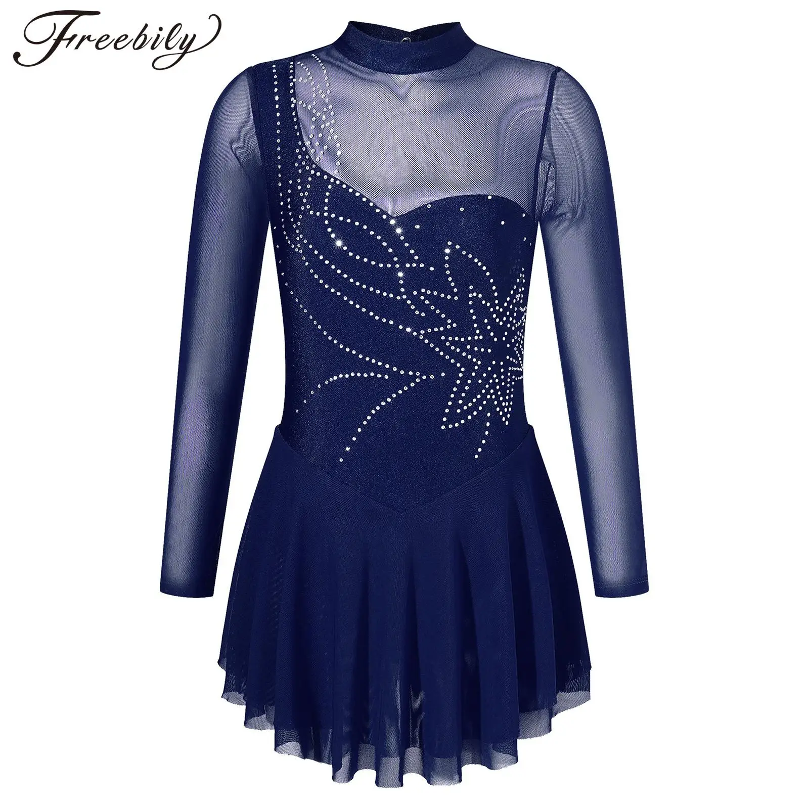 Kids Girls Long Sleeve Figure Skating Dance Dress Ballet Rhythmic Gymnastics Leotard Tutu Shiny Rhinestone Sheer Mesh Dancewear