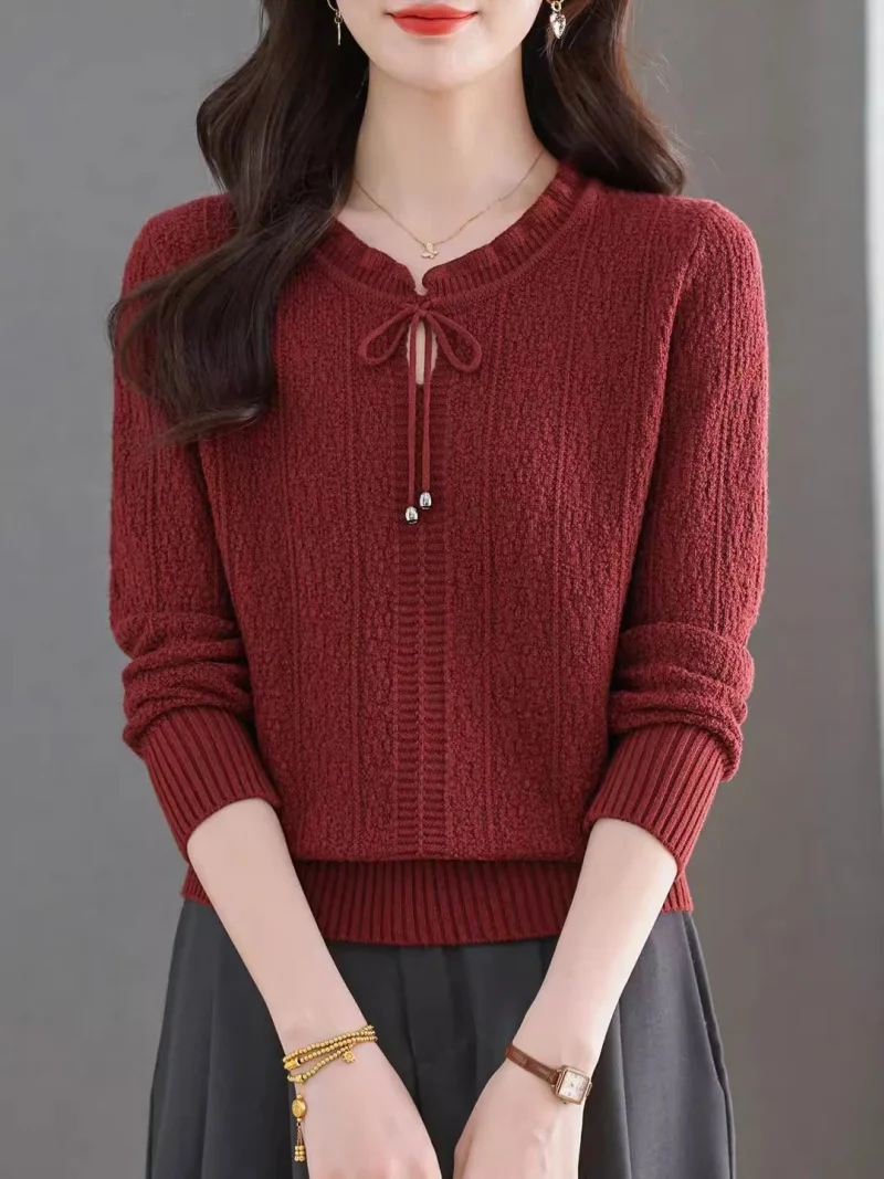 

Вязаный свитер с круглым вырезом и завязками для женщин, свободный и стильный топ на весну и осень, универсальный пуловер j120