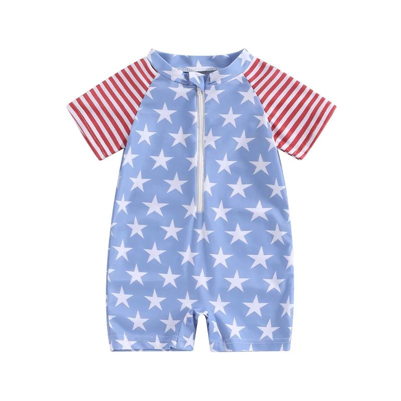 

Summer Swimwear Baby Boys 4th of July Swimwear Star Stripe Print Zipper Short Sleeve Rash Guard Swimsuit Beachwear Bathing Suit