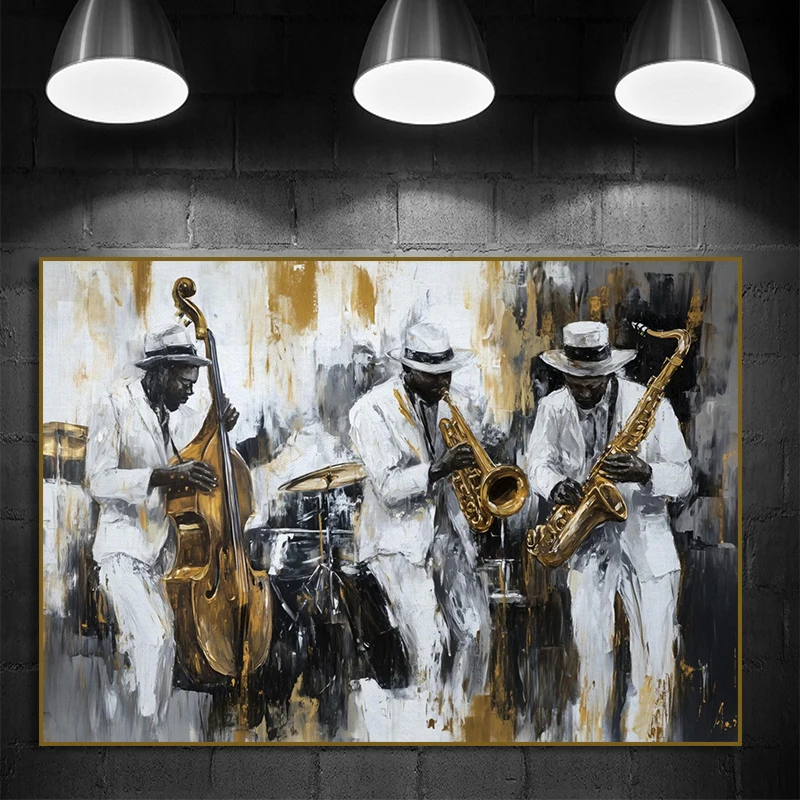 Music Jazz Black Man Play Saxophone Violin Cello Guitar Vintage Art Posters Canvas Painting Wall Prints for Room Home Decor
