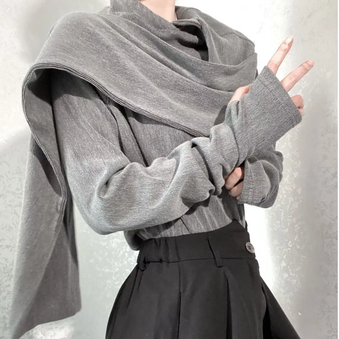 Design Sense Niche Scarf Collar Hooded Spring Autumn Base Shirt Versatile Pullover Sweatshirt Retro Top Long Sleeve
