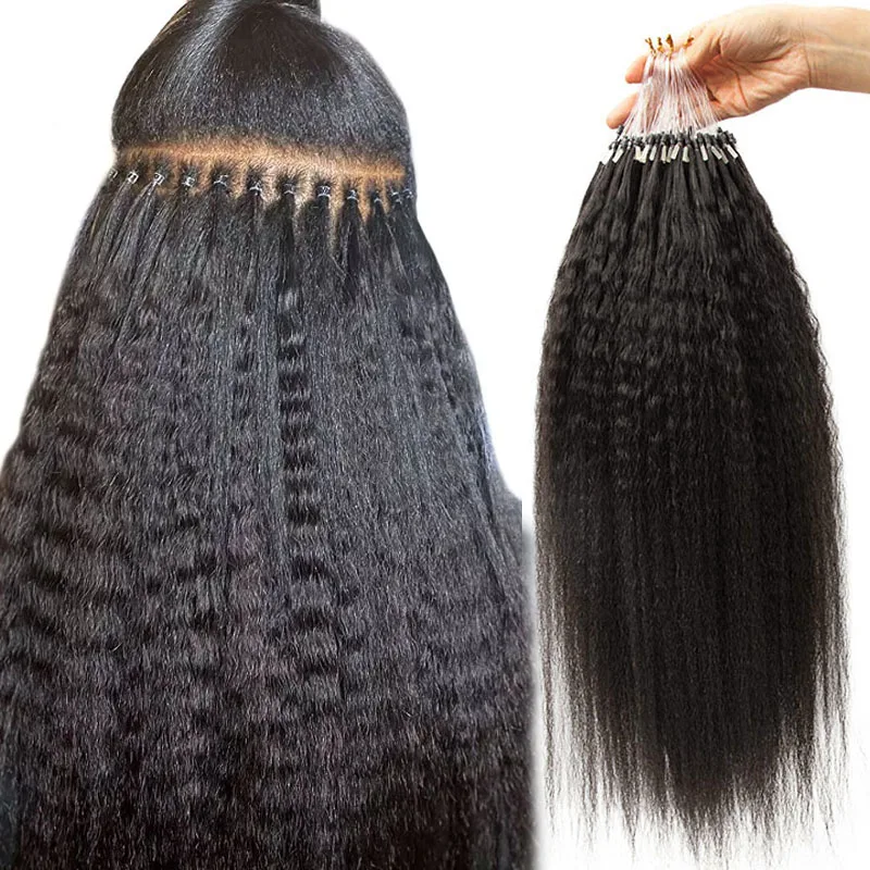 Mrs Hair Kinky Straight Remy Человеческие Волосы Micro-wefts Для Наращивания Мягкие Кератиновые Стержни # 1b 50 Нитей В Упаковке