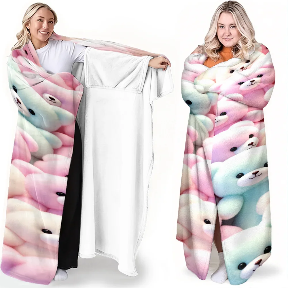 1pc Cute Teddy Bear Pattern Wearable Blanket-Super soft, comfortable, fluffy material. Great for lounging, sleepovers and gift g
