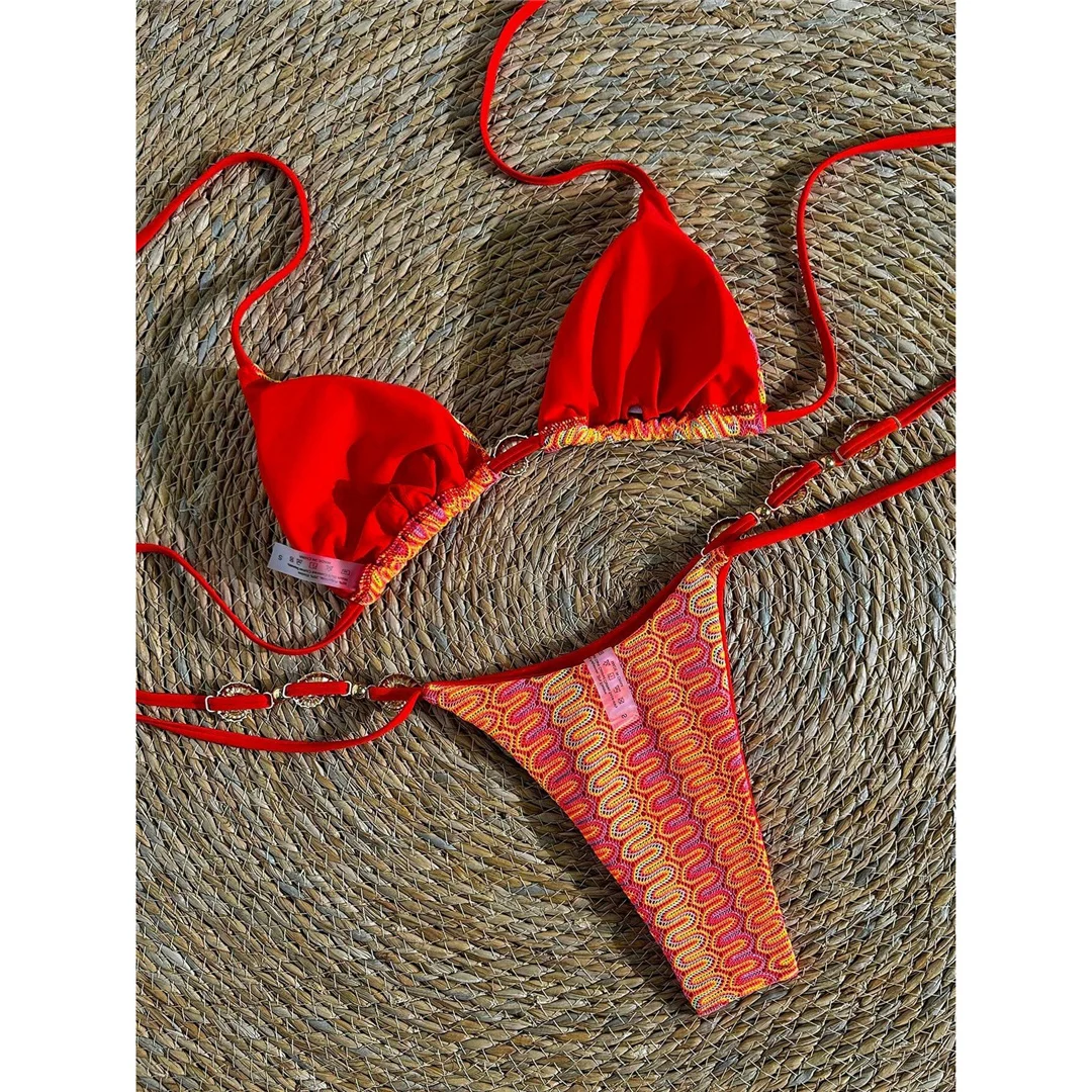 Bedruckter Neckholder-Bikini, Damen-Badeanzug, zweiteiliges Bikini-Set, hoch geschnittene Beine, Badeanzug mit Trägern, Badebekleidung, Schwimmanzug V7939 – Detail 4