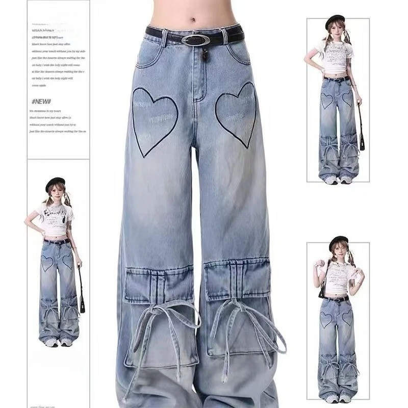 Y2k Estetica Harajuku Wash Jeans Chic Casual Stampato Pockcet Bow Pantaloni in denim Pantaloni a vita media larghi vintage a figura intera