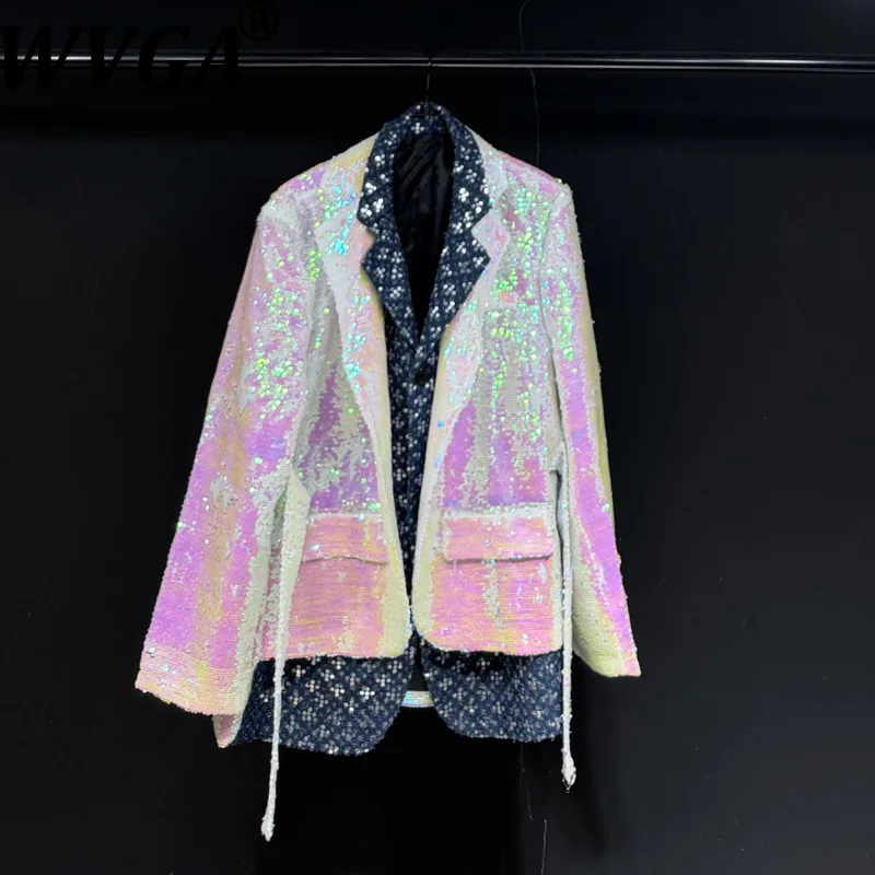 WVGA Autumn Winter New Men Trendy Sequin Patchwork Blazers Niche Chic Casual Heavy Punk Turn-Down Collar Suit Jackets Ins W17564