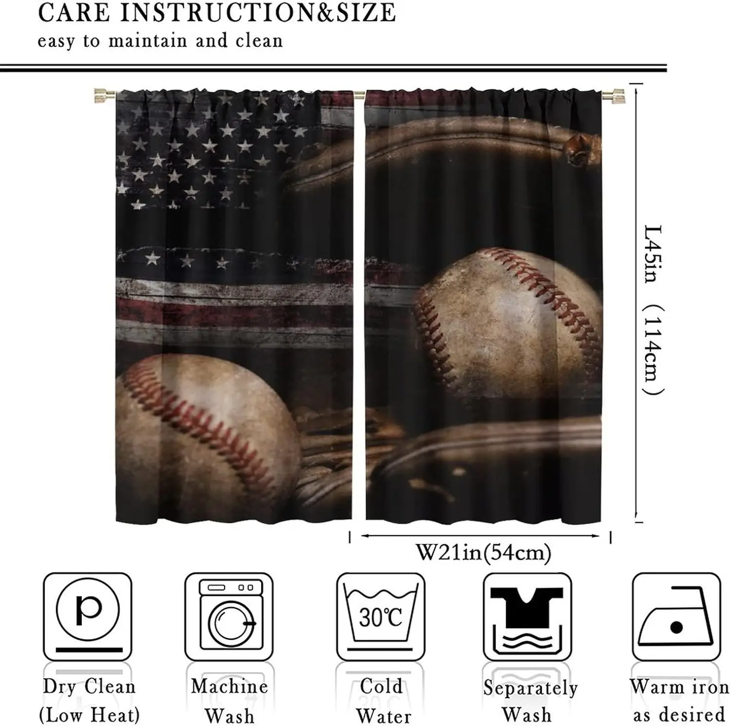 Cool Sports Blackout Curtains - Shabby Baseball on Vintage Wooden Boards American Flag Rod Pocket Window Drapes Set 2 Panels