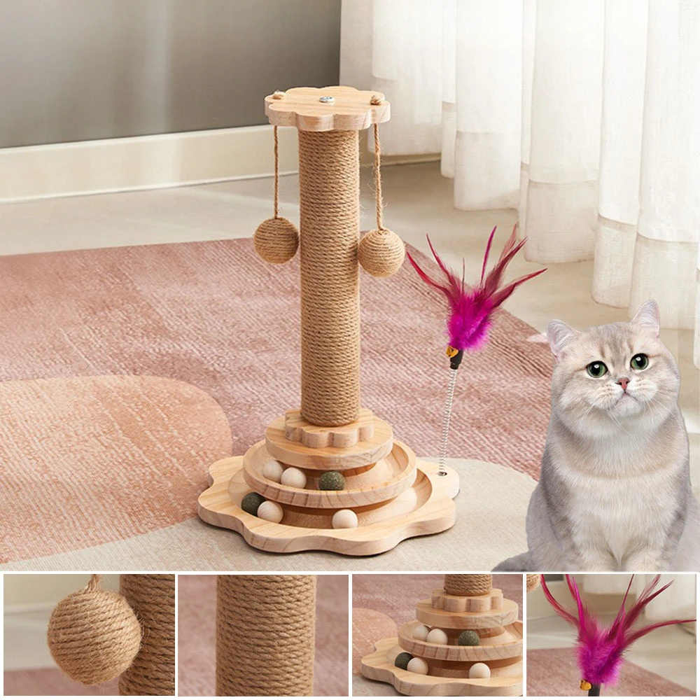 

1PC Solid Wood Pet Cat Turntable Scratch Pillar Board Funny Cat Stick Balls Multifunctional Durable Cat Toy Juguete Para Gatos