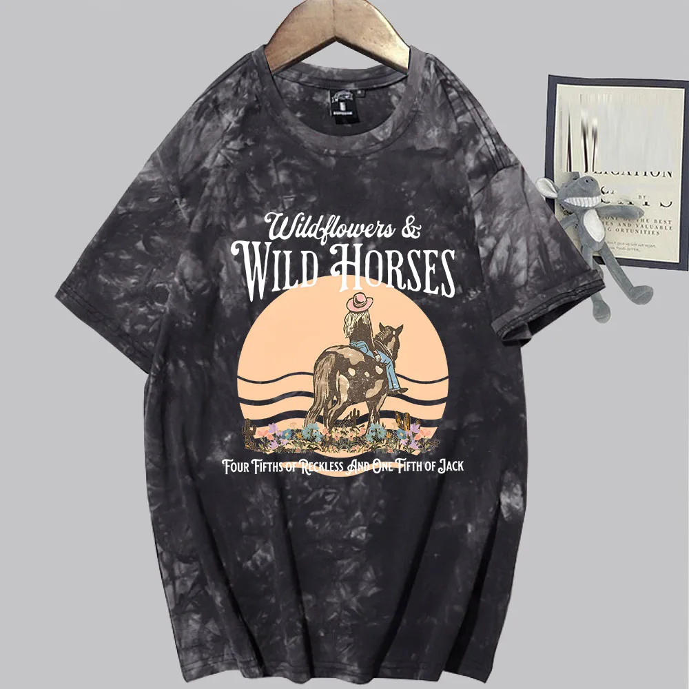 Lainey Wilson Wildflowers And Wild Horses Tie Dye Shirts Unisex  Round Neck Short Sleeve T-Shirt Fans Souvenir Gift Tops