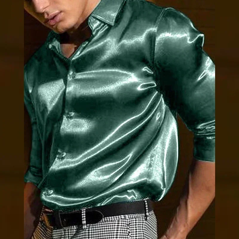 

Summer men's shirt Long sleeve sleeve shirt Party Evening dress Holiday Top T-shirt Silk red Golden Ceremony top Silk skating co