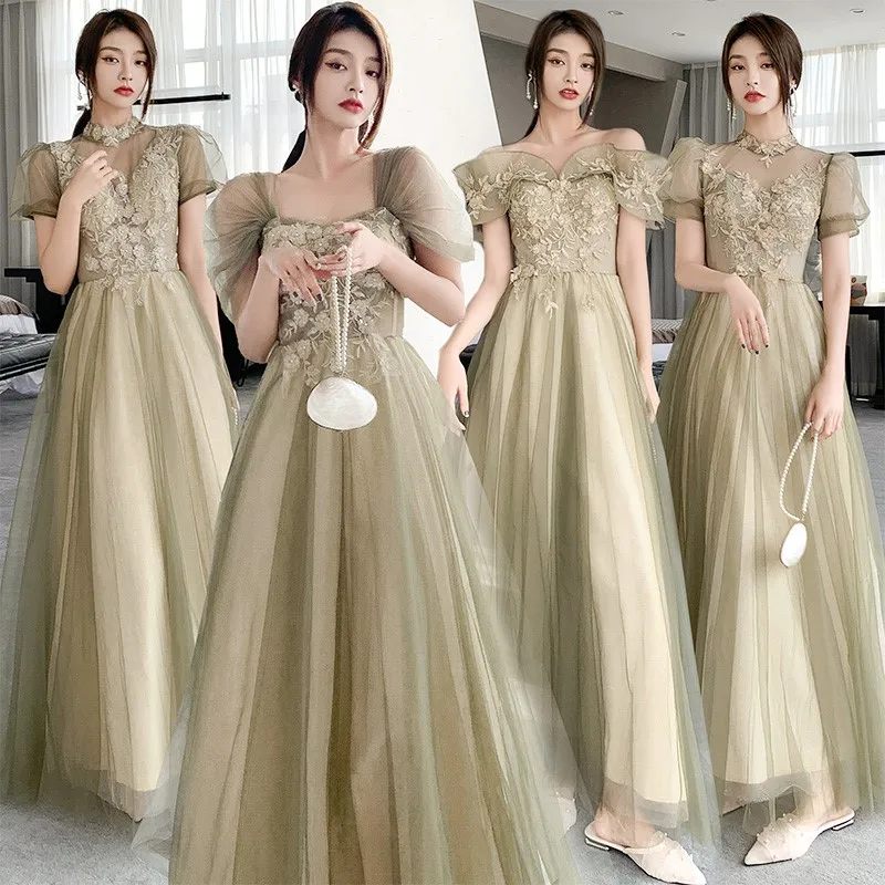 

Green Bridesmaid Dresses For Women New Long Sisters Group Birthday Banquet Flower Appliques Style Skinny Lace Evening Dresses