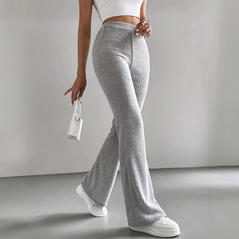 

Spring and Autumn New Flared Women's Solid Color Casual Ribbed Knit Fashion Versatile Long Pants