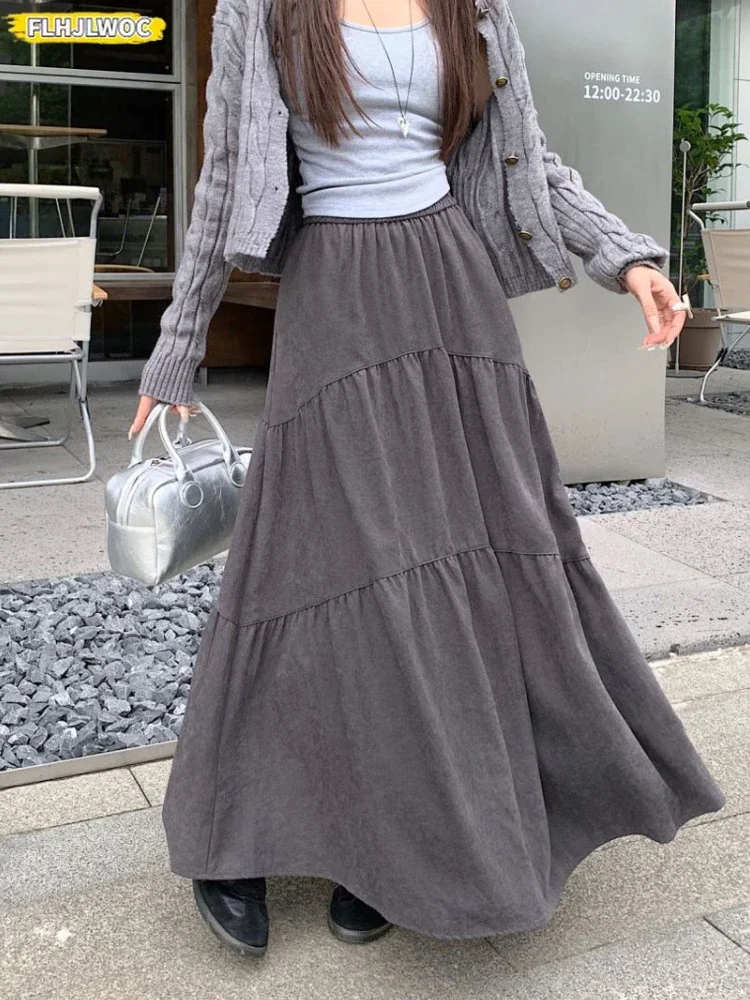 Autumn Winter Ankle Length Skirts Hot Sales Women All-Match Japan Chic Korea FLHJLWOC Elastic High Waist Black Long Maxi Skirts