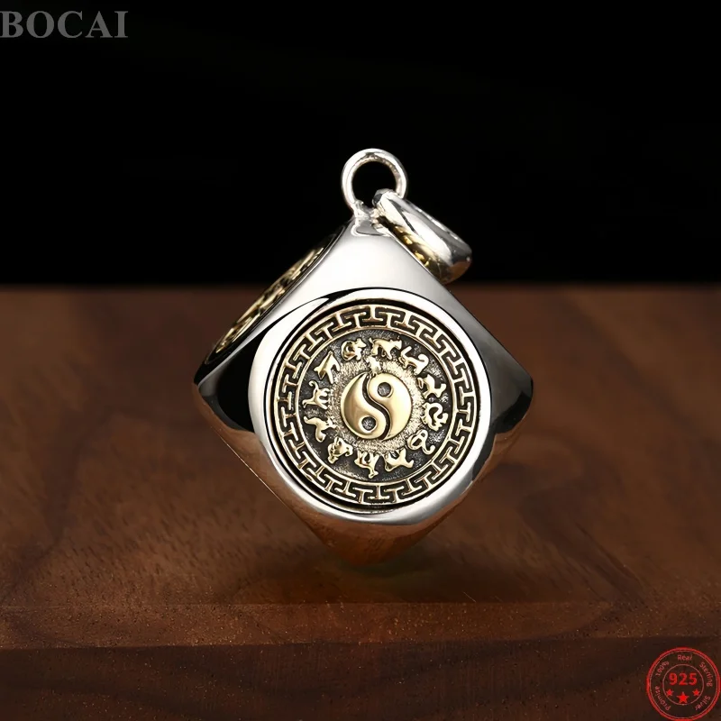 BOCAI S925 Sterling Silver Pendant for Men Women  Globular Six sided Magic Cube Chinese Auspicious Words Luck Rotating Charm
