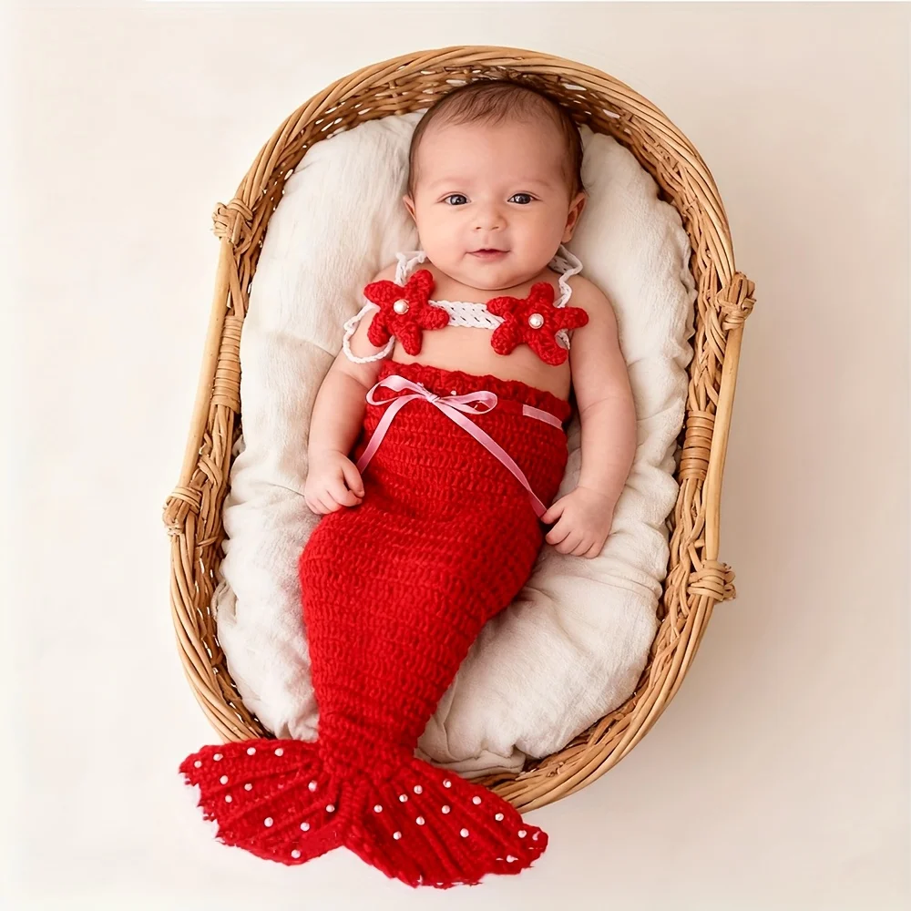 Newborn Mermaid Photo Prop: 3pcs Set with Knit Tail Skirt & Pearl Flower Headband. Adorable Baby Photoshoot Outfit & Gift.