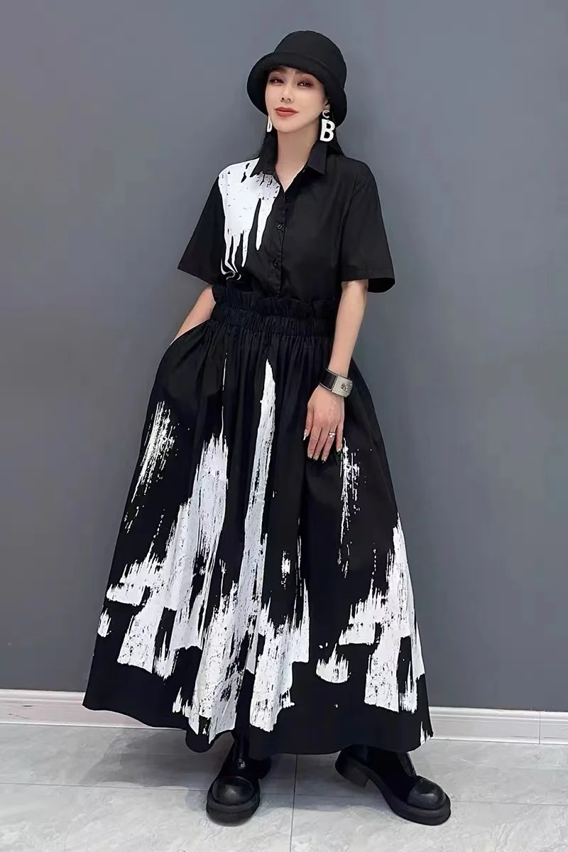 Künstlerisch bedrucktes Sommer-Swe irt- und langer Rock, zweiteiliges Damen-Faion-Set mit Tagl-Design für Sli-Damen