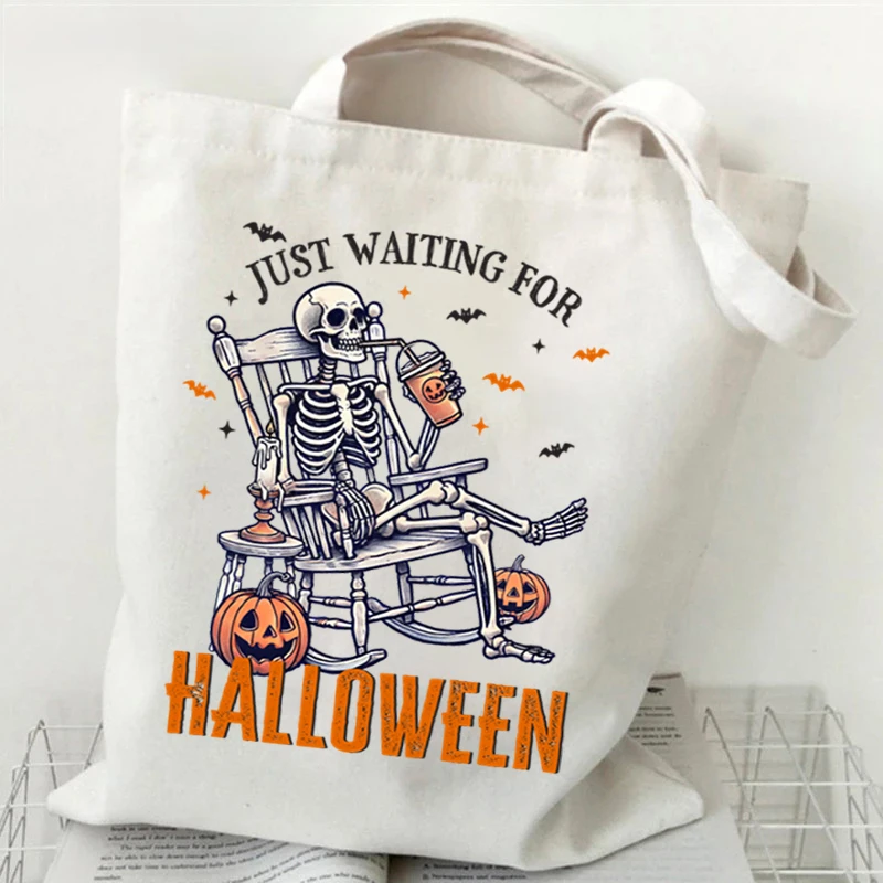 Halloween Skeleton Design Canvas Shopping Bag Women  Spooky Pumpkin Pattern Shoulder Bag Children Funny Halloween Gift Tote Bags