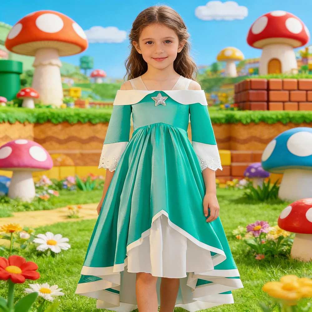 2026 New Movie Rosalina Dress Kids Girls Peach Princess Cosplay Costume Children Theme Party Fantasy Clothes Birthday Dress Gown
