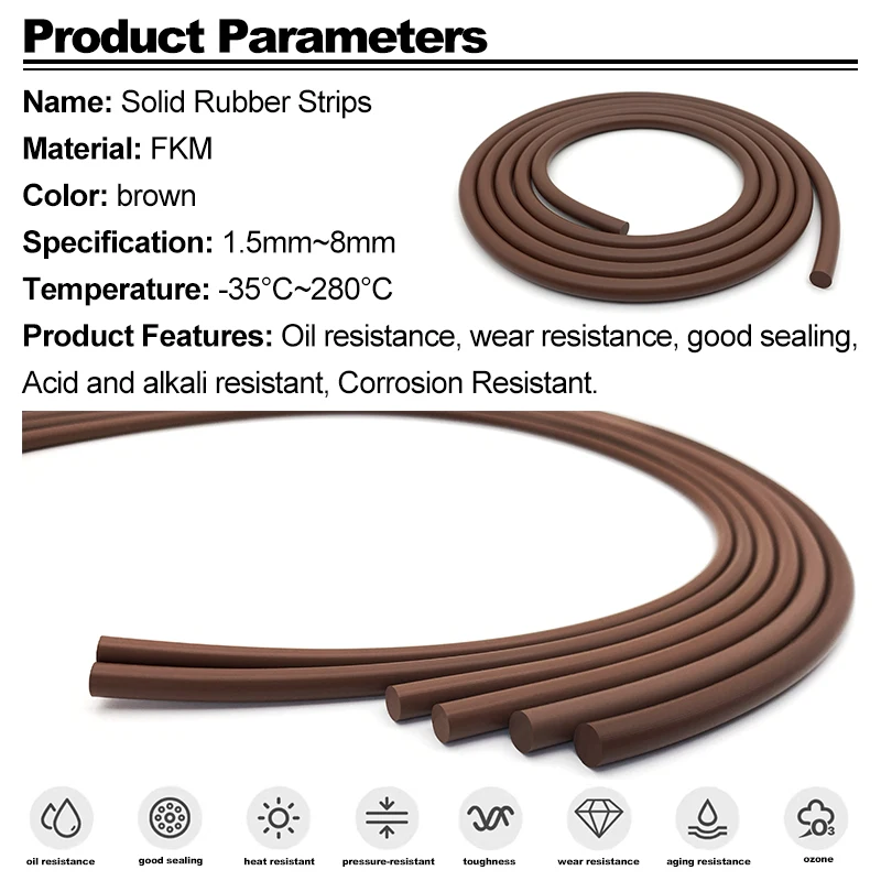 2/3/5/8/10M Dia 2/2.5/3/3.5/4/4.5/5/5.5-8mm Solid Brown FKM Sealing Strip Oil Resistance Fluorine Rubber Round Strip FKM Strip