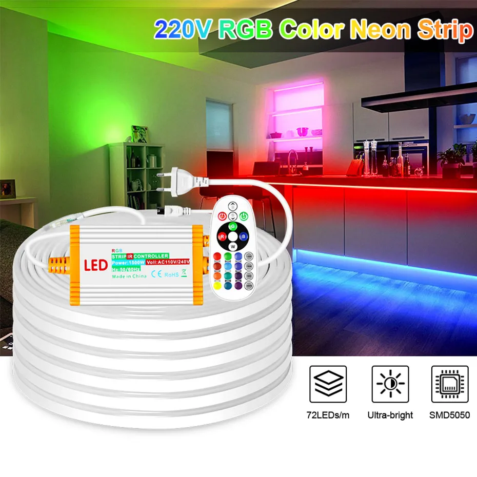 

1-100M Waterproof 220v RGB Neon Light Soft Flex LED Strip With 1500W IP68 Power Supply Outdoor RGB Light Decoration Garden Lamp