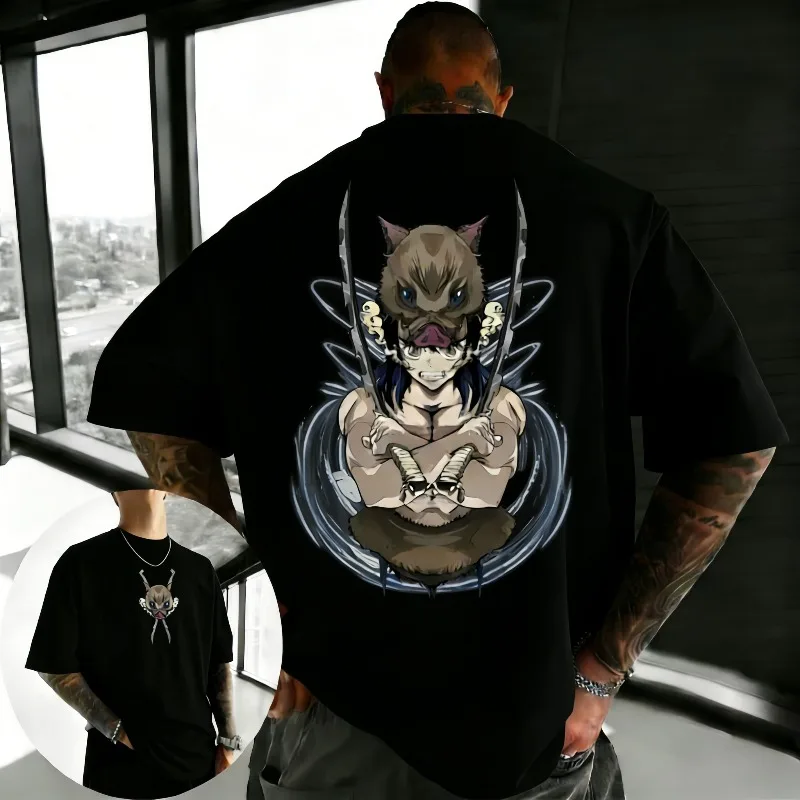 Demon Slayer Inosuke Anime Printed T-shirt Summer unisex Loose and Breathable cotton T-shirt Top