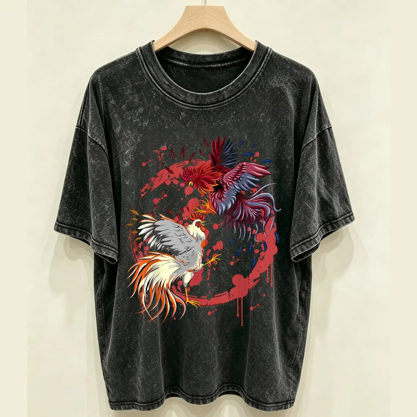washed T Shirt Rooster Cock Fight Chicken Novelty Farmer's Size S 5XL vintage Washed Casual Top For Everyday Wear Stylish