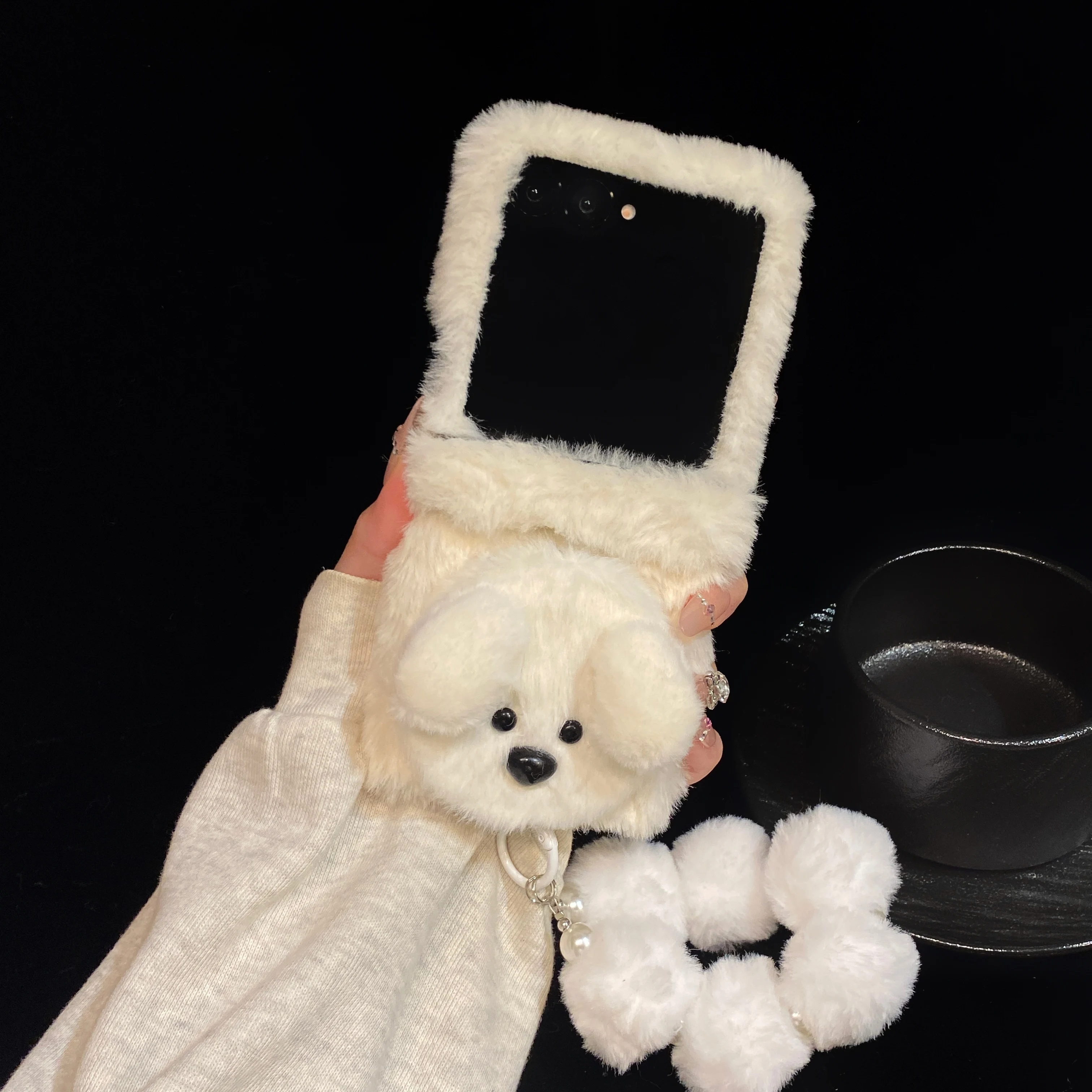Cute Fluffy Teddy Plush Phone Case for Xiaomi Mix Flip Flip2 5G with Bracelet Hinge Compatible Cover view 5