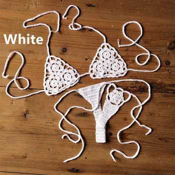 Zomer Strand Hand Gehaakte Tweedelige Effen Kleur Bandage Bikini Set Voor Vrouwen Holle Bikini Set Dames Badpakken Beachwear