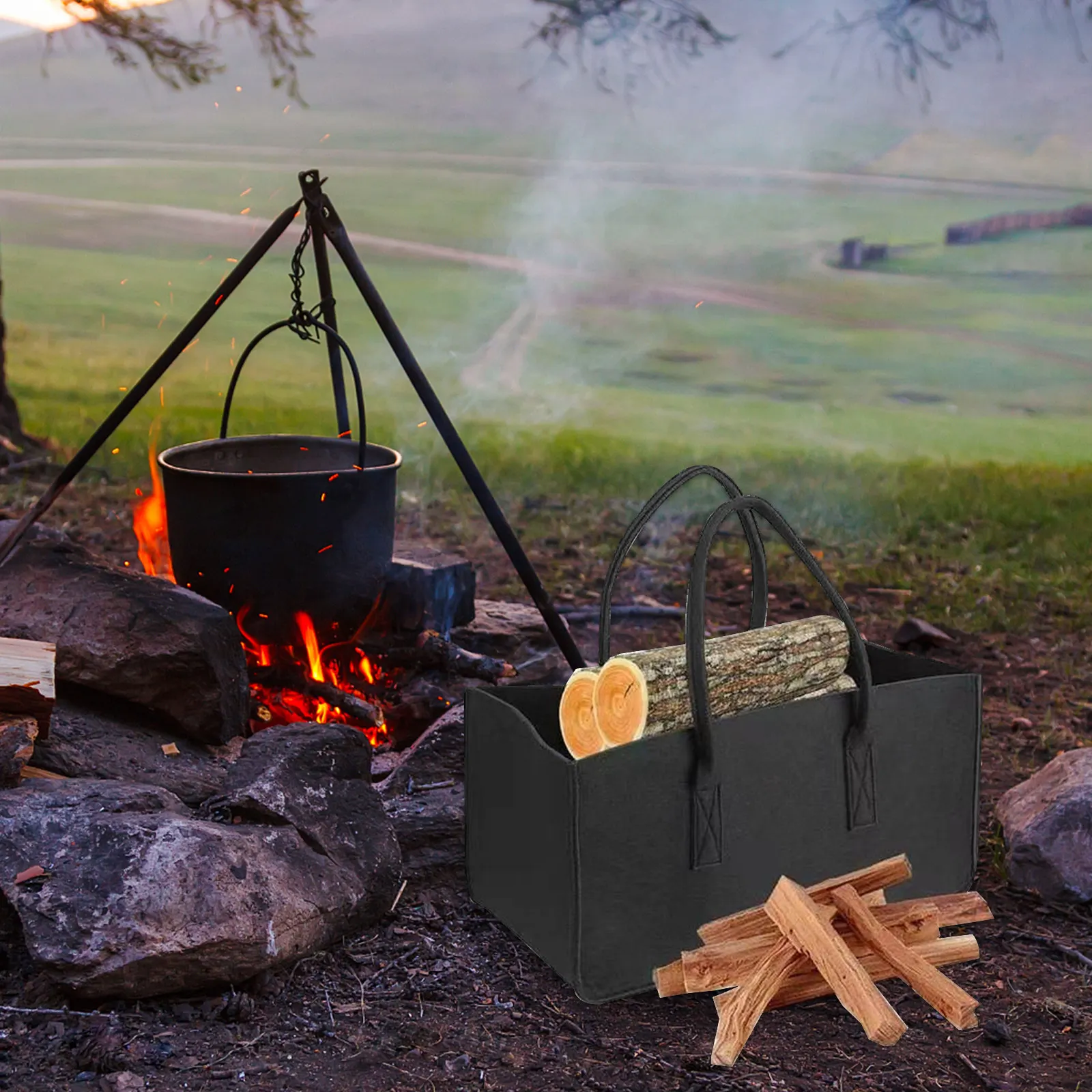 Heavy Duty Felt Firewood Storage Bag Large Log Carrier Basket for Fireplace Wood Stove Camping Home