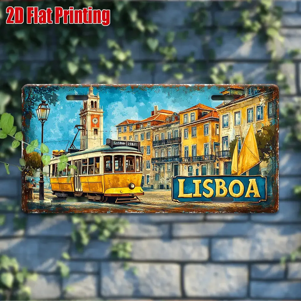 2D Flat, 2D Flat Design, 2D Flat License Plate, 1pc Vintage Metal Plate—Lisbon Tram Scene Aluminum Panel, Size 11.8 Inches × 5.9