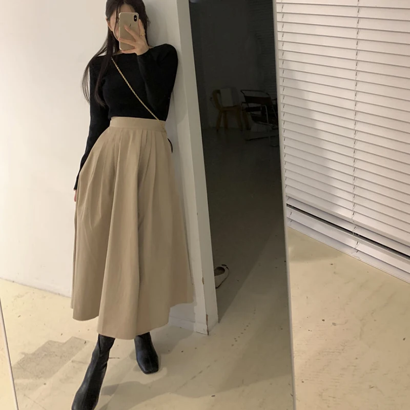 Lucyever 2024 Fall Winter Vintage A-Line Skirts Female Elegant Chic High Waist Long Skirt Women Solid Streetwear Pleated Skirts