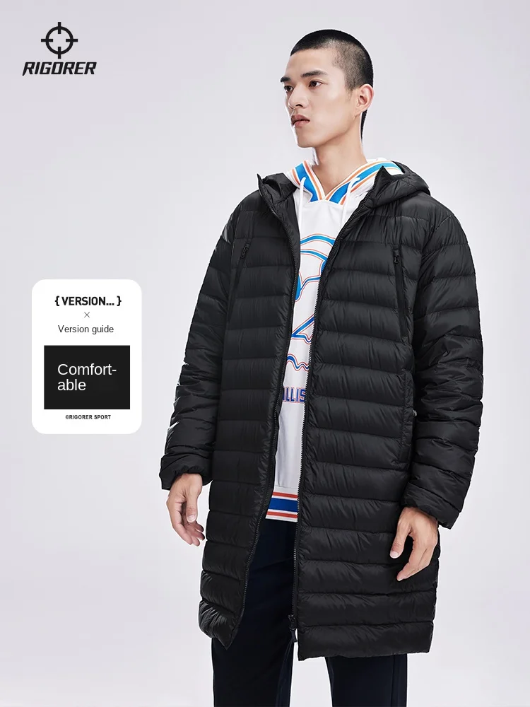 RIGORER  outdoor Men Down Jacket Winter New Hooded Sports Basketball Casual Lightweight Mid-length Down Jacket warm coat